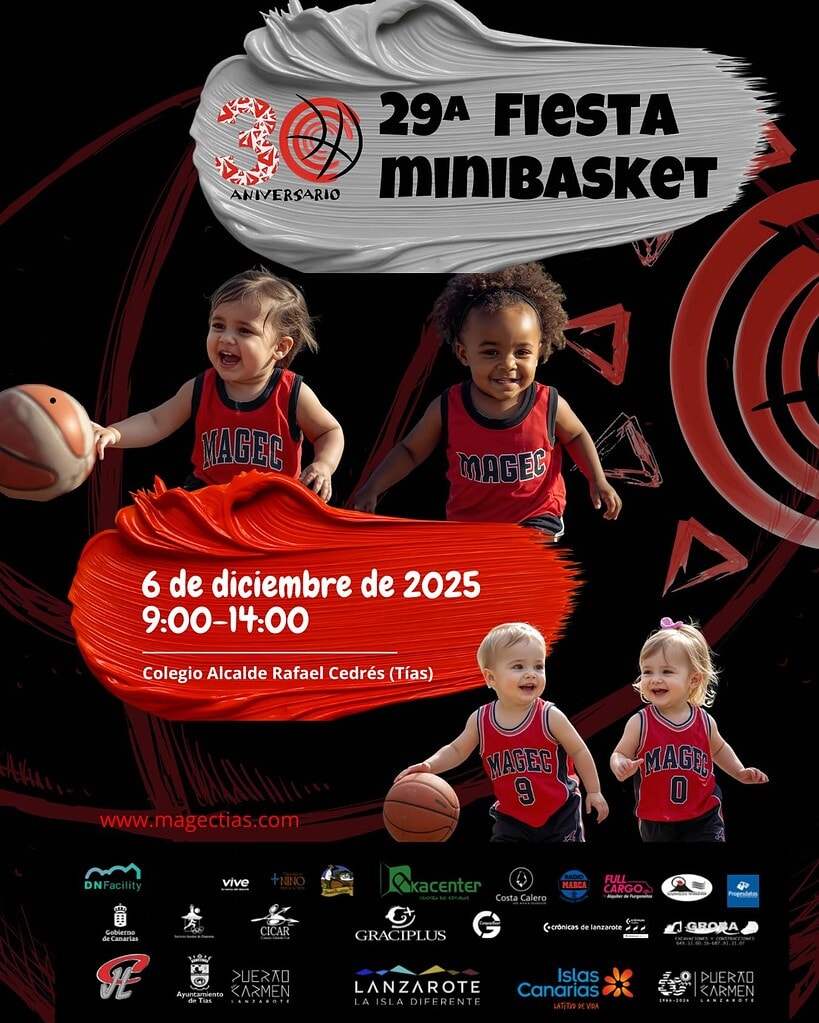 Jóvenes jugando baloncesto con camisetas de MAGEC en un evento deportivo, en el colegio Alcalde Rafael Cedrés en Tías, con logotipos de patrocinadores y detalles del aniversario 29 del mini basketball.