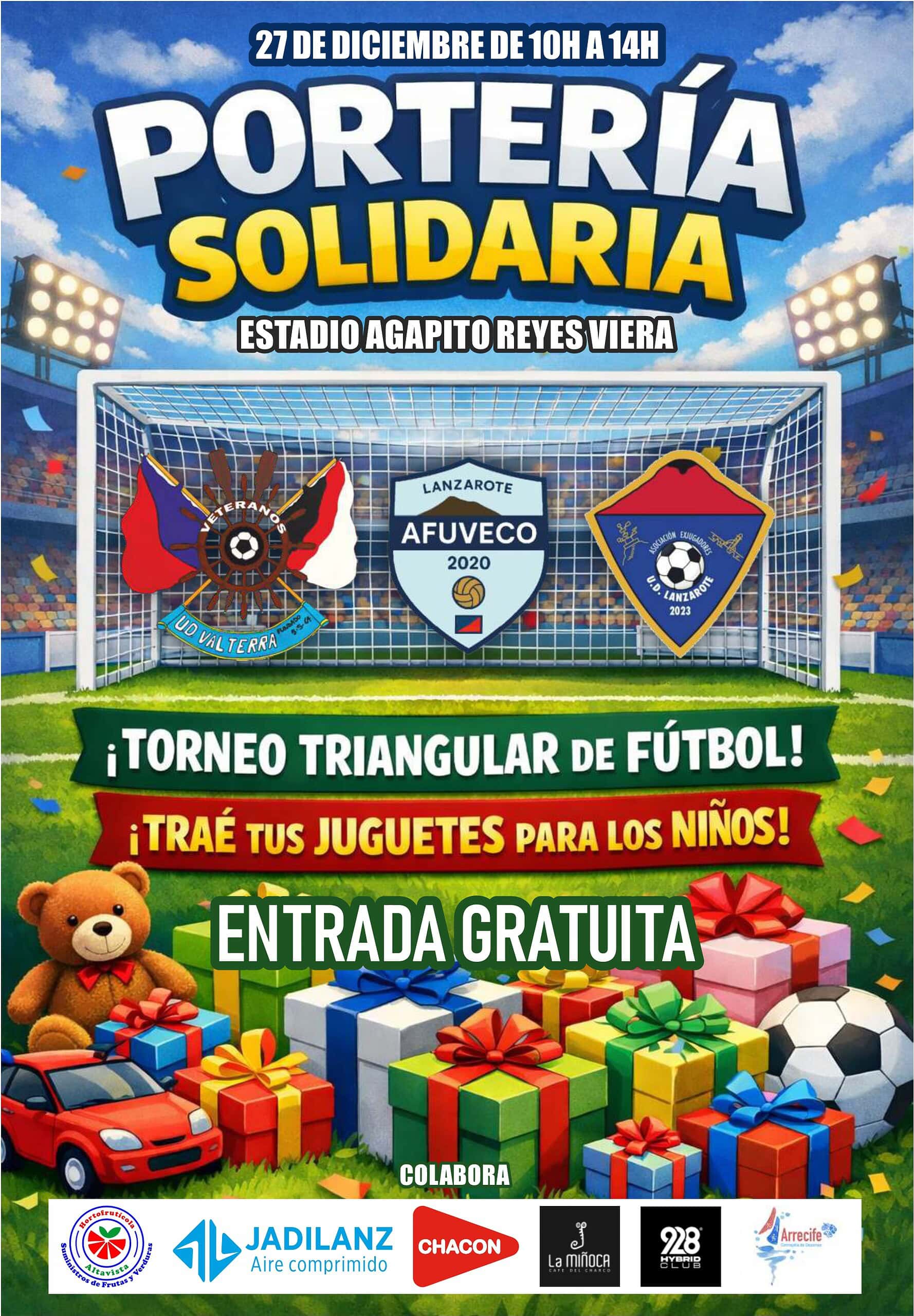 Juegos de fútbol con niños en el estadio Agapito Reyes Viera durante una jornada benéfica en Lanzarote. Se observa un arco con los escudos de diferentes equipos, además de regalos y juguetes para los niños, promoviendo la solidaridad y el deporte infantil. La imagen captura el espíritu de colaboración y diversión en un evento deportivo con entrada gratuita y un torneo triangular de fútbol.