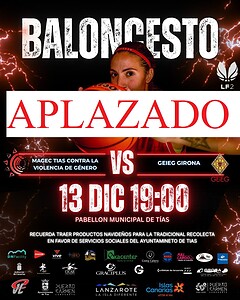 Baloncesto, jugadora sosteniendo balón en cancha con fondo de rayos, en un cartel promocional de partido y evento solidario sobre violencia de género en Tías.