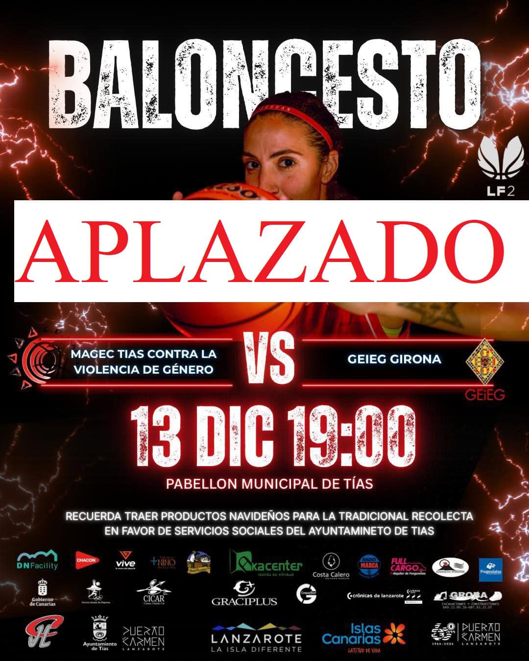 Baloncesto, jugadora sosteniendo balón en cancha con fondo de rayos, en un cartel promocional de partido y evento solidario sobre violencia de género en Tías.