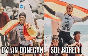 Atleta con bandera de España en celebración, en una competencia de surf en Lanzarote, con un paisaje de playa y aguas cristalinas de fondo.
