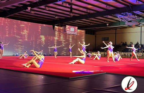 1. Grupos de gimnastas realizando una rutina en una competición en interiores, usando trajes morados y formando diferentes posiciones en el tapiz rojo.
