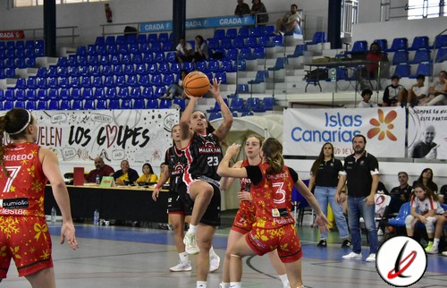 Una jugadora de baloncesto en acción, saltando para encestar, rodeada de defensas en un partido femenino en una cancha cubierta con público y banners publicitarios en las gradas.