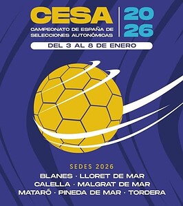 Círculo dorado con diseño de balón de fútbol y trazos blancos, fondo azul con líneas diagonales, texto sobre el campeonato de balonmano CESA 2026, logotipo y fechas de eventos deportivos.