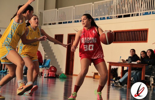 Jugadora de baloncesto con camiseta roja enfrentándose a jugadoras rivales en un partido femenino en una cancha cubierta.