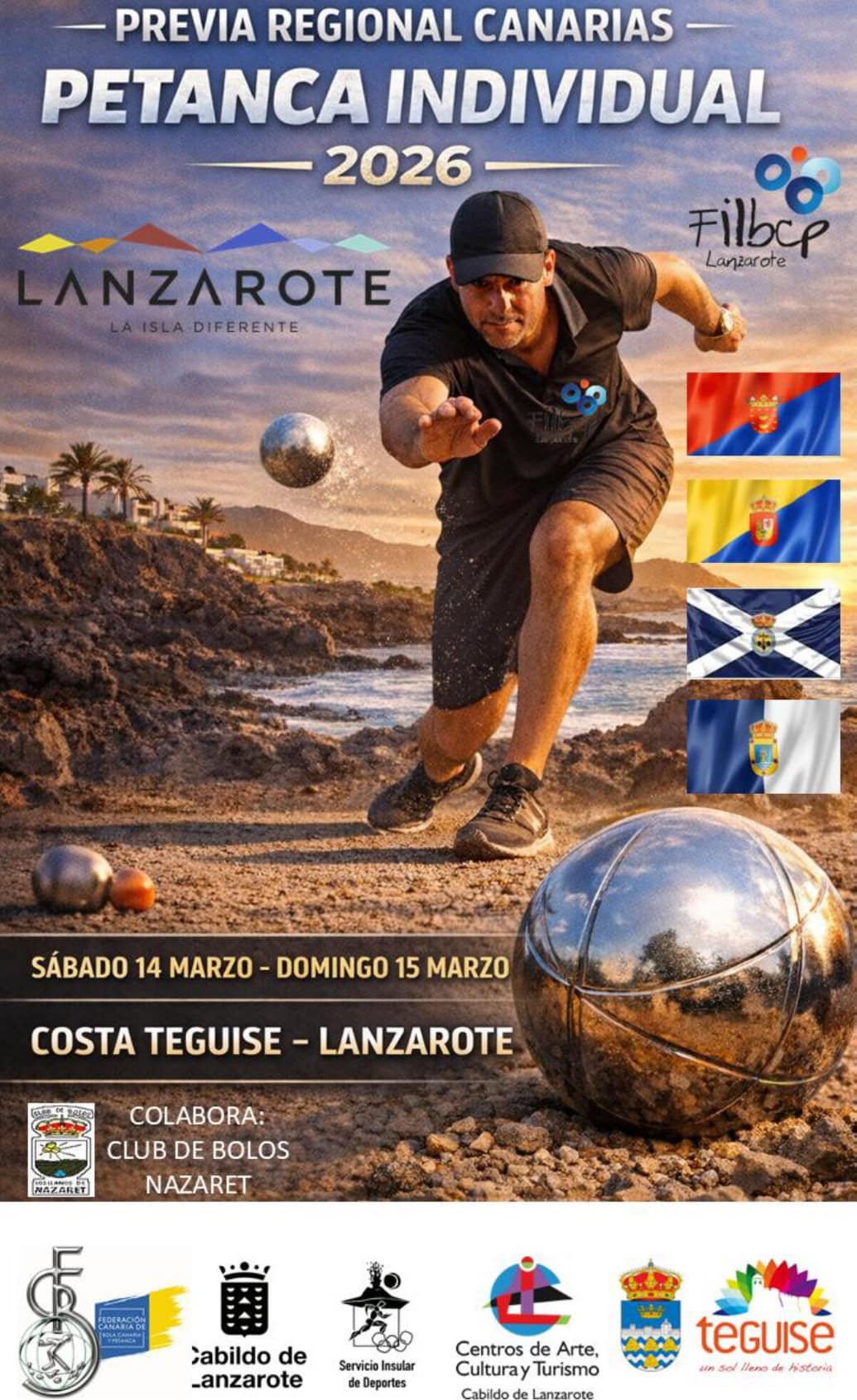 Lanza de petanca individual en Lanzarote, con jugador lanzando una bola de metal en un entorno costero, en un día soleado. Incluye banderas de España, Escocia y otras, y logos de eventos y patrocinado.