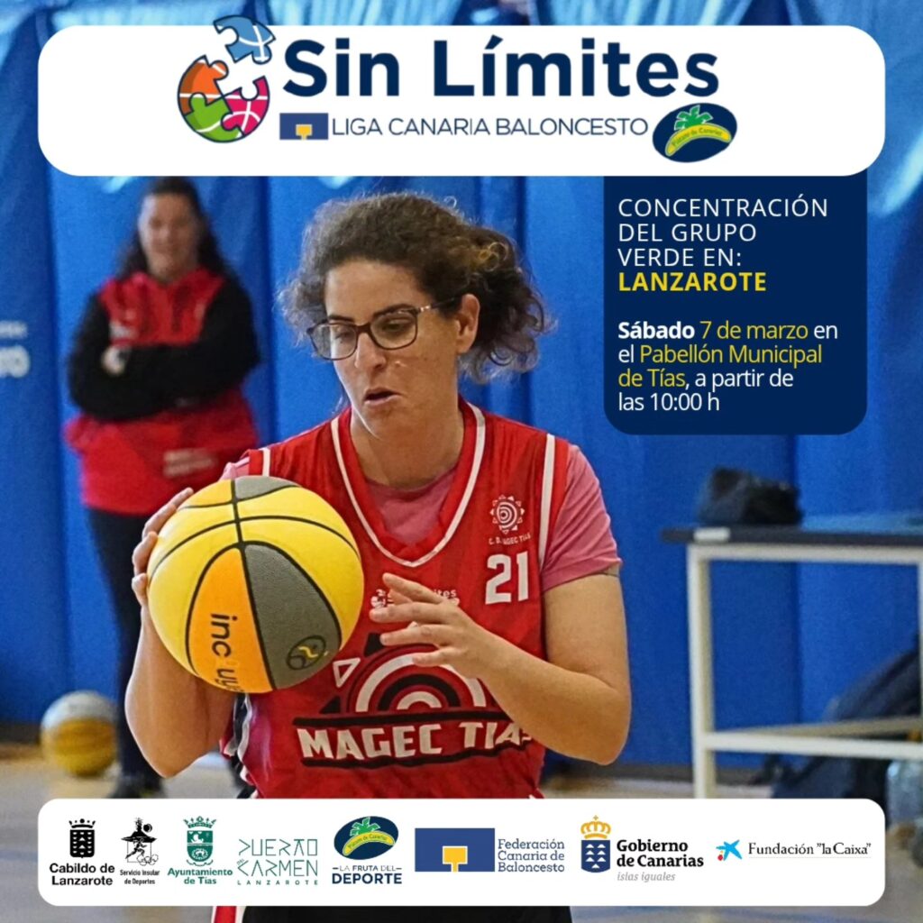 Jugadora de baloncesto en entrenamiento en el Pabellón Municipal de Tías, con balón amarillo, vestida con uniforme rojo y gafas, en un partido de la Liga Canaria Baloncesto.